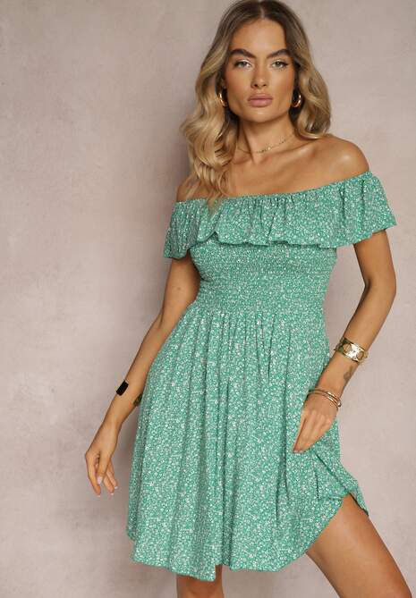 Zielona Kwiecista Sukienka Hiszpanka z Bawełny z Gumką w Pasie Nevima