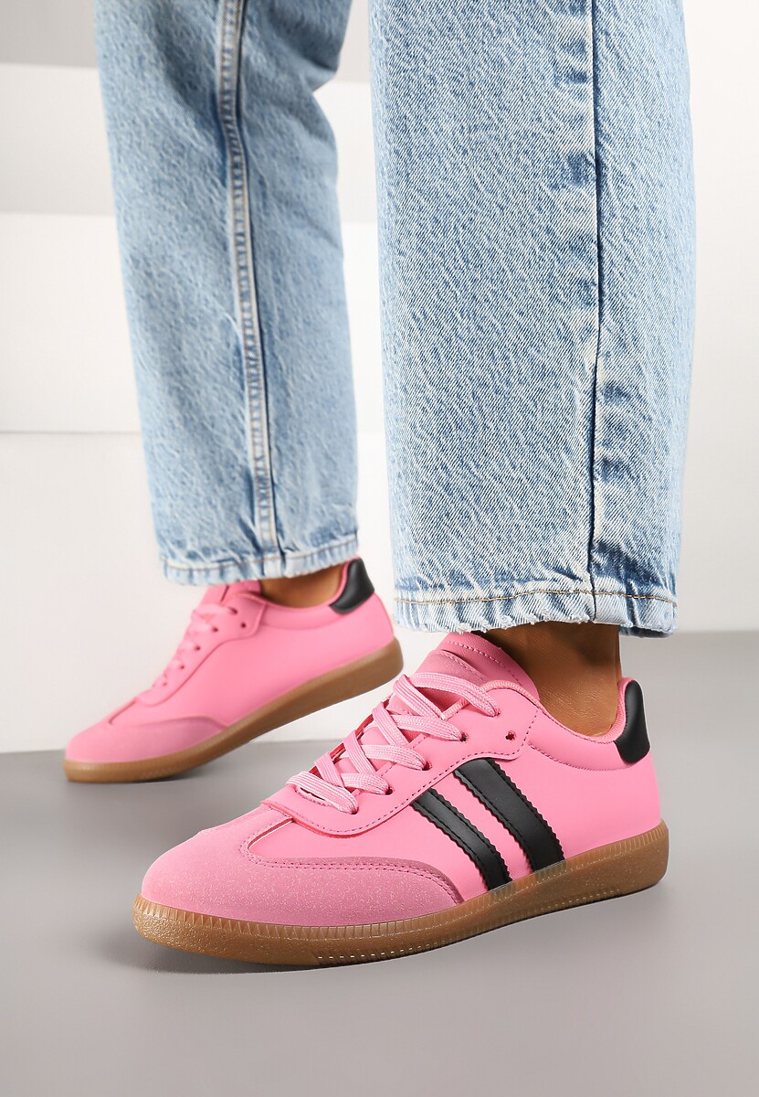 Różowe Sneakersy Sportowe Tenisówki z Modnymi Przeszyciami i Paskami Zarelna