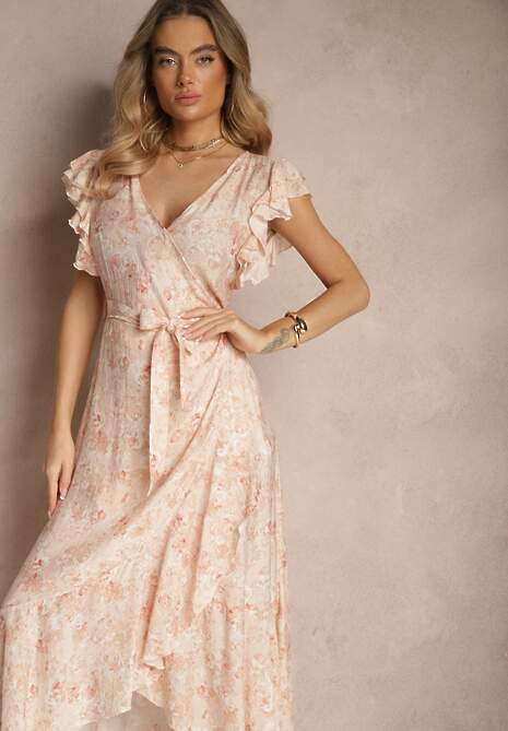 Różowa Asymetryczna Sukienka z Bawełny z Falbankami i Kwiatowym Printem Lommea