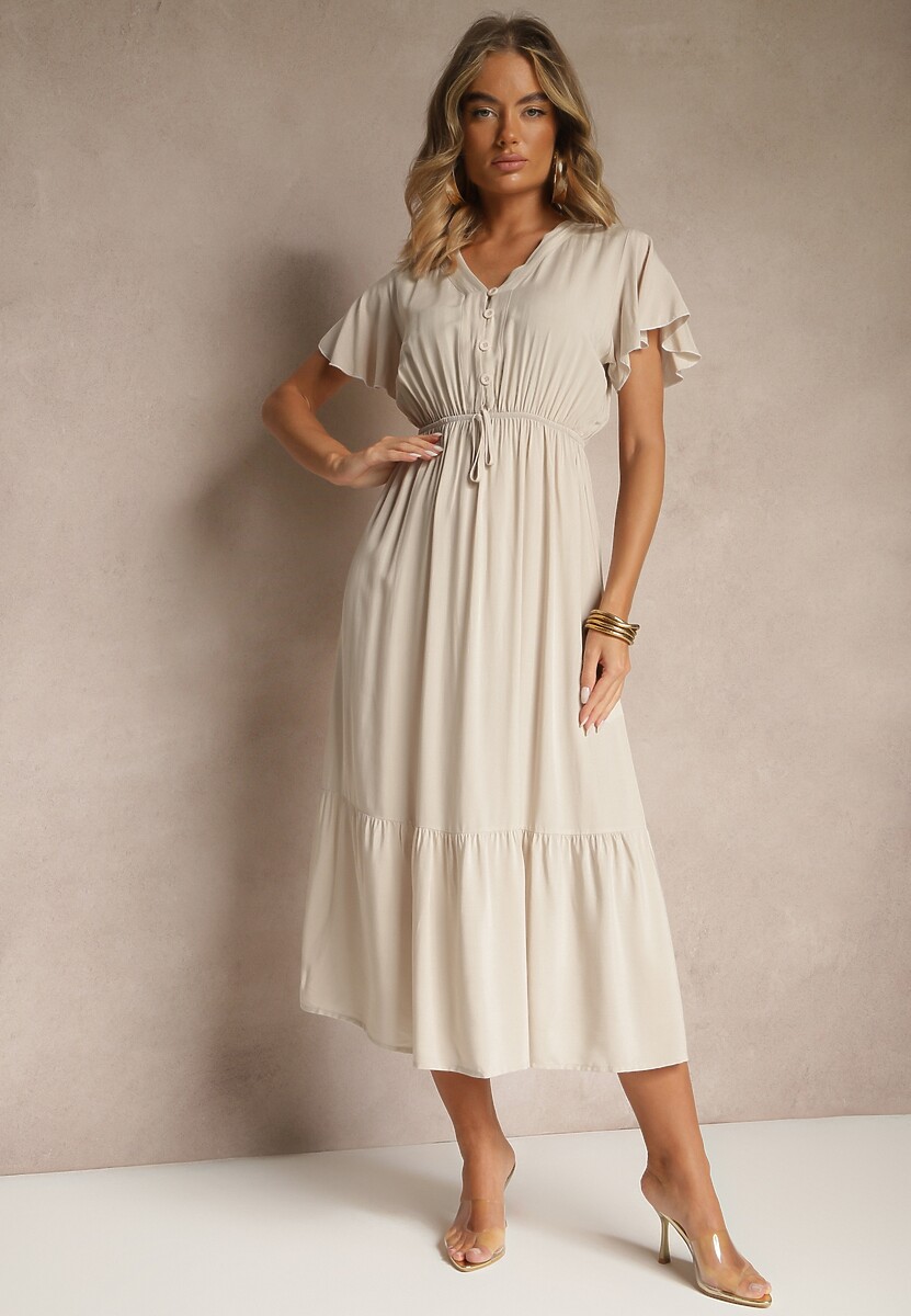 Niebieska Rozkloszowana Sukienka z Bawełny Zdobiona Guzikami Folennea