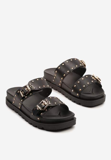 Czarne Klapki Ozdobione Nitami i Klamrami Kolinna