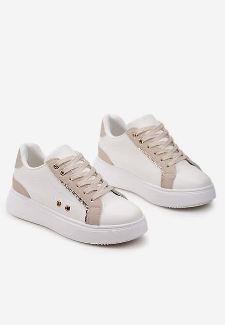 Biało-Beżowe Sneakersy z Metalicznymi Wstawkami na Grubej Podeszwie Amoone