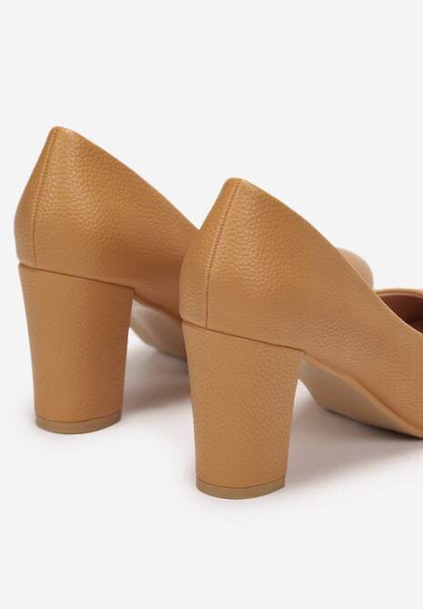 Brązowe Czółenka z Okrągłym Noskiem na Słupku z Imitacji Skóry Wilnia