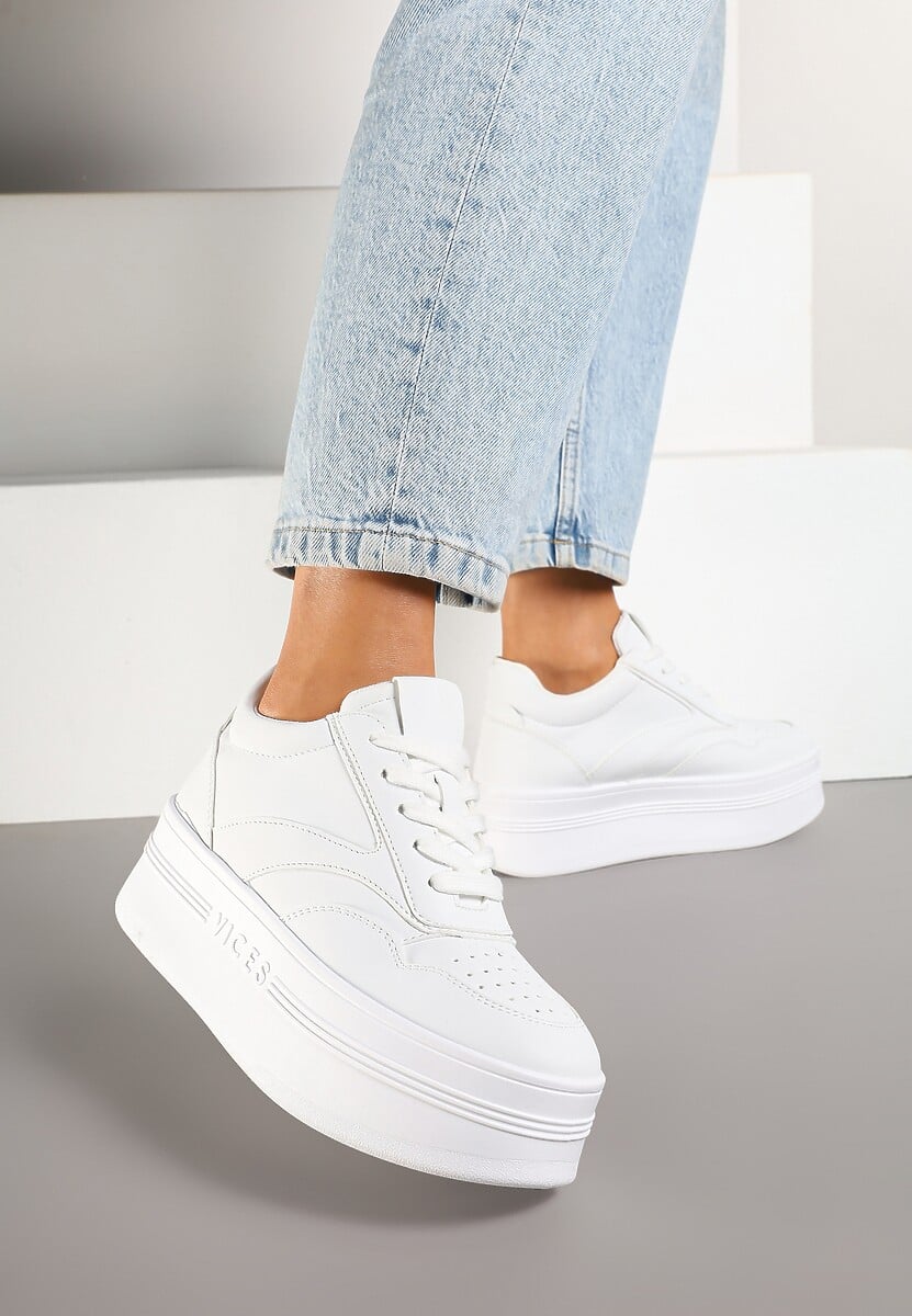Białe Sznurowane Sneakersy Vices na Platformie z Metalicznymi Paskami Neliawen