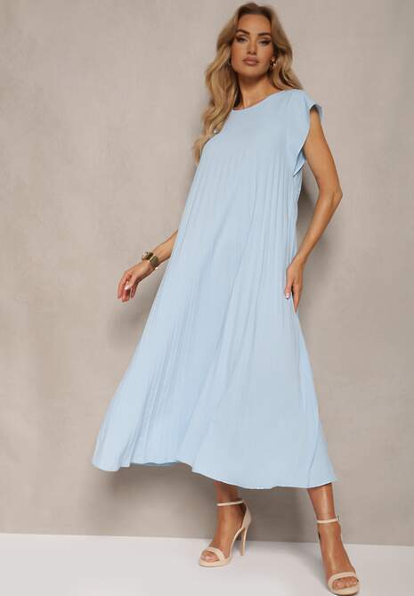 Niebieska Rozkloszowana Sukienka z Plisowaniem i Krótkim Rękawem Hevina