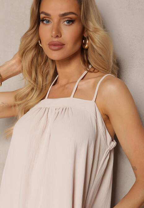 Jasnobeżowa Sukienka z Regulowanymi Ramiączkami i Wiązaniem przy Szyi Qloenma