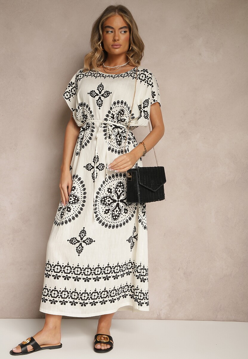 Biała Pudełkowa Sukienka z Wiskozy Zdobiona Wiązaniem i Etnicznym Printem Mirasella
