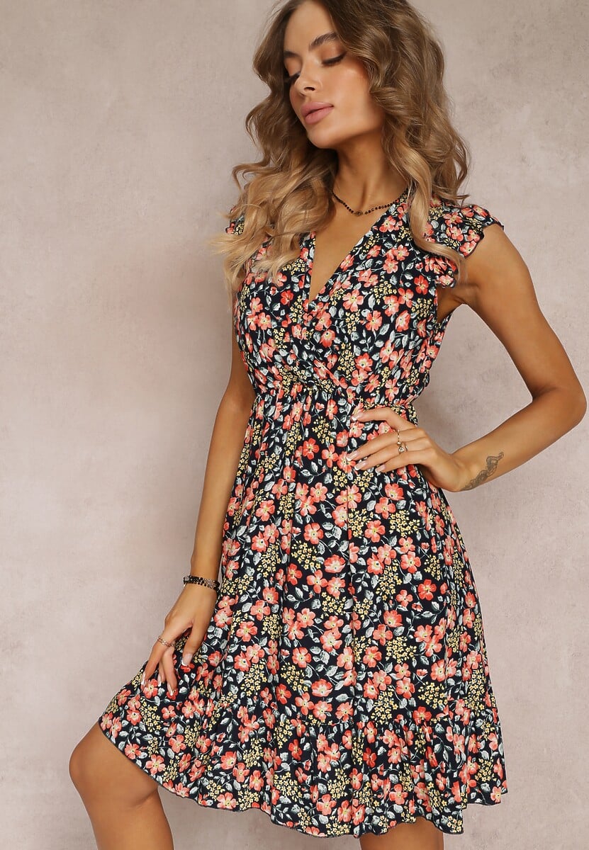 Granatowa Sukienka Rozkloszowana w Kwiaty z Wiskozy Selesima