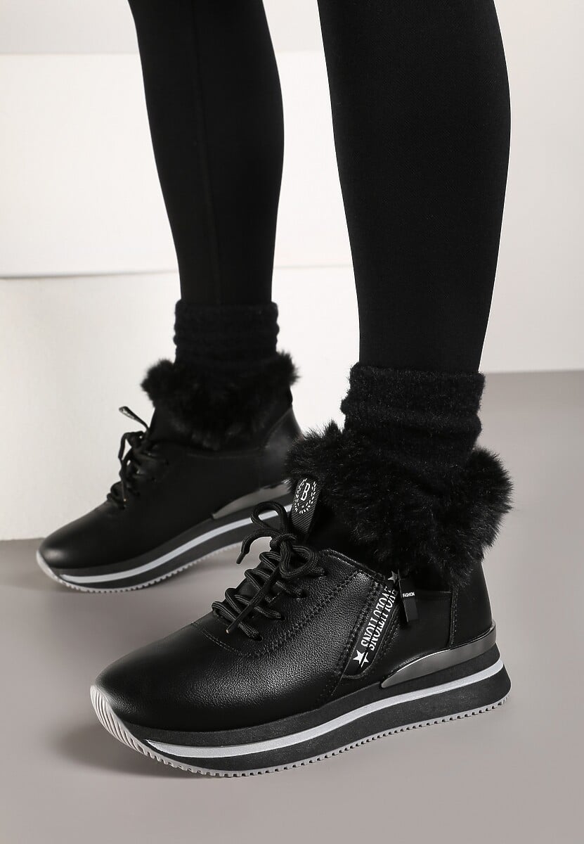 Czarne Sznurowane Botki Sneakersy z Futerkiem Gameda