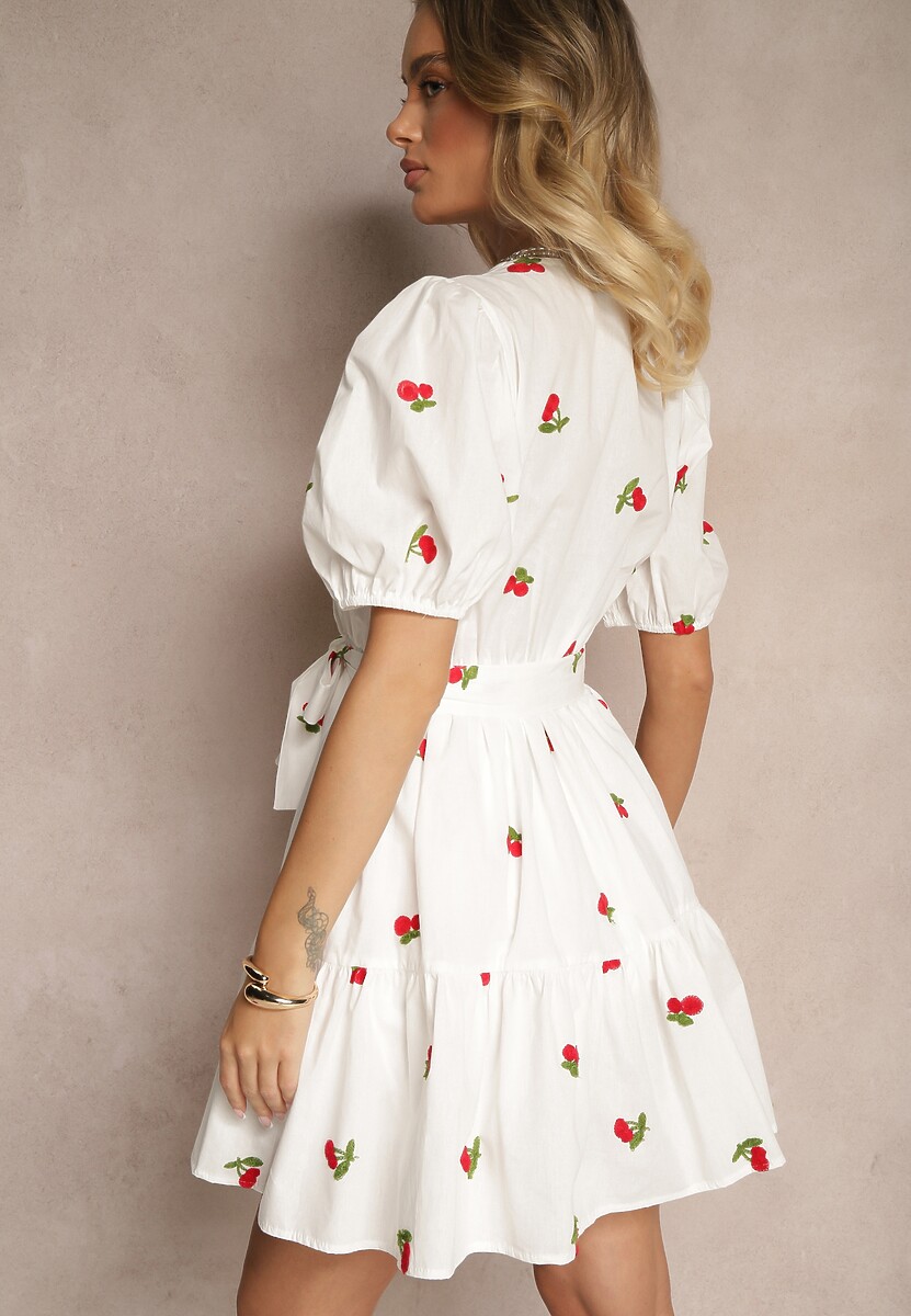 Biała Sukienka z Bawełny w Wisienki z Gumką w Talii Axona