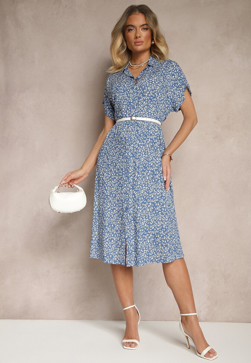 Granatowa Koszulowa Sukienka z Bawełny w Kwiaty o Rozkloszowanym Fasonie Sarilon