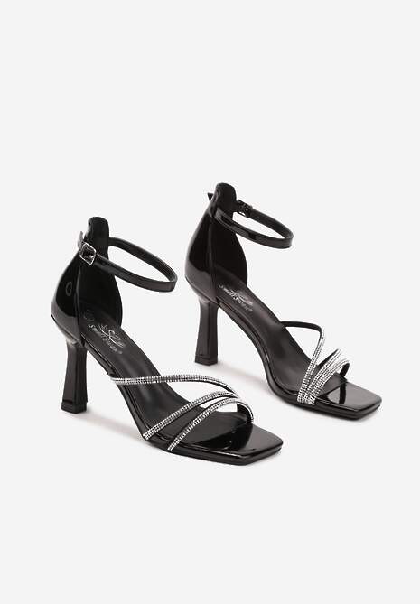 Czarne Sandały Szpilki Zdobione Cyrkoniami Zapinane na Klamerkę Alimora