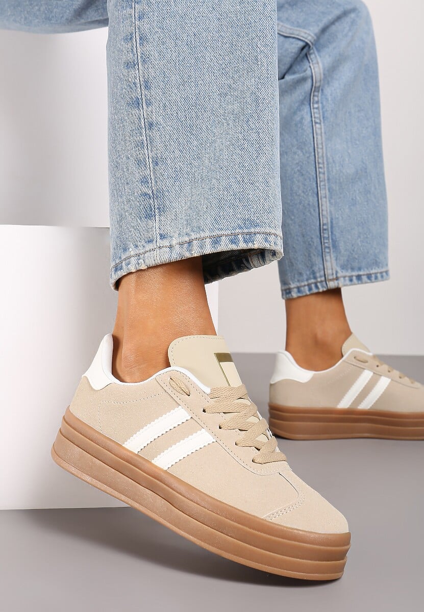 Beżowe Klasyczne Sneakersy na Niewysokiej Platformie Terilee