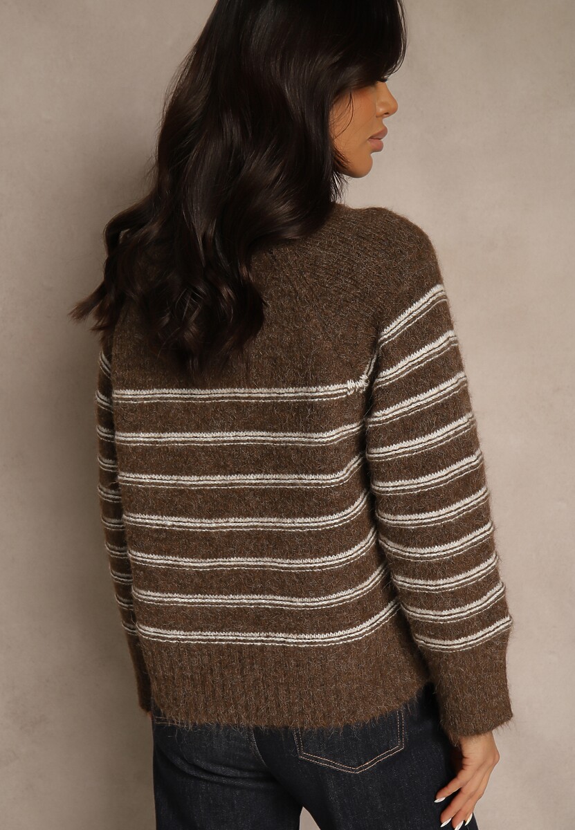 Brązowy Sweter z Dodatkiem Wełny Ozdobiony Paskami Liatella