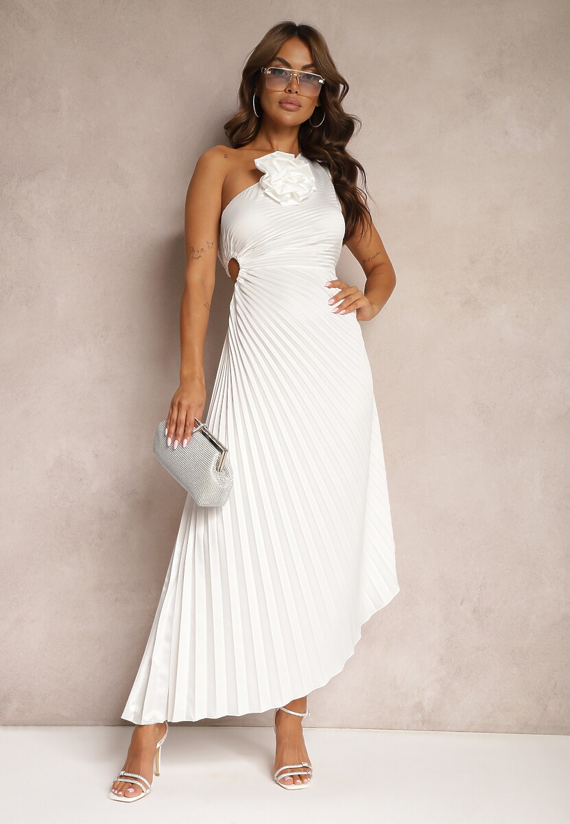 Różowa Asymetryczna Sukienka z Plisowanym Dołem i Aplikacją w Kształcie Kwiatu Fevima