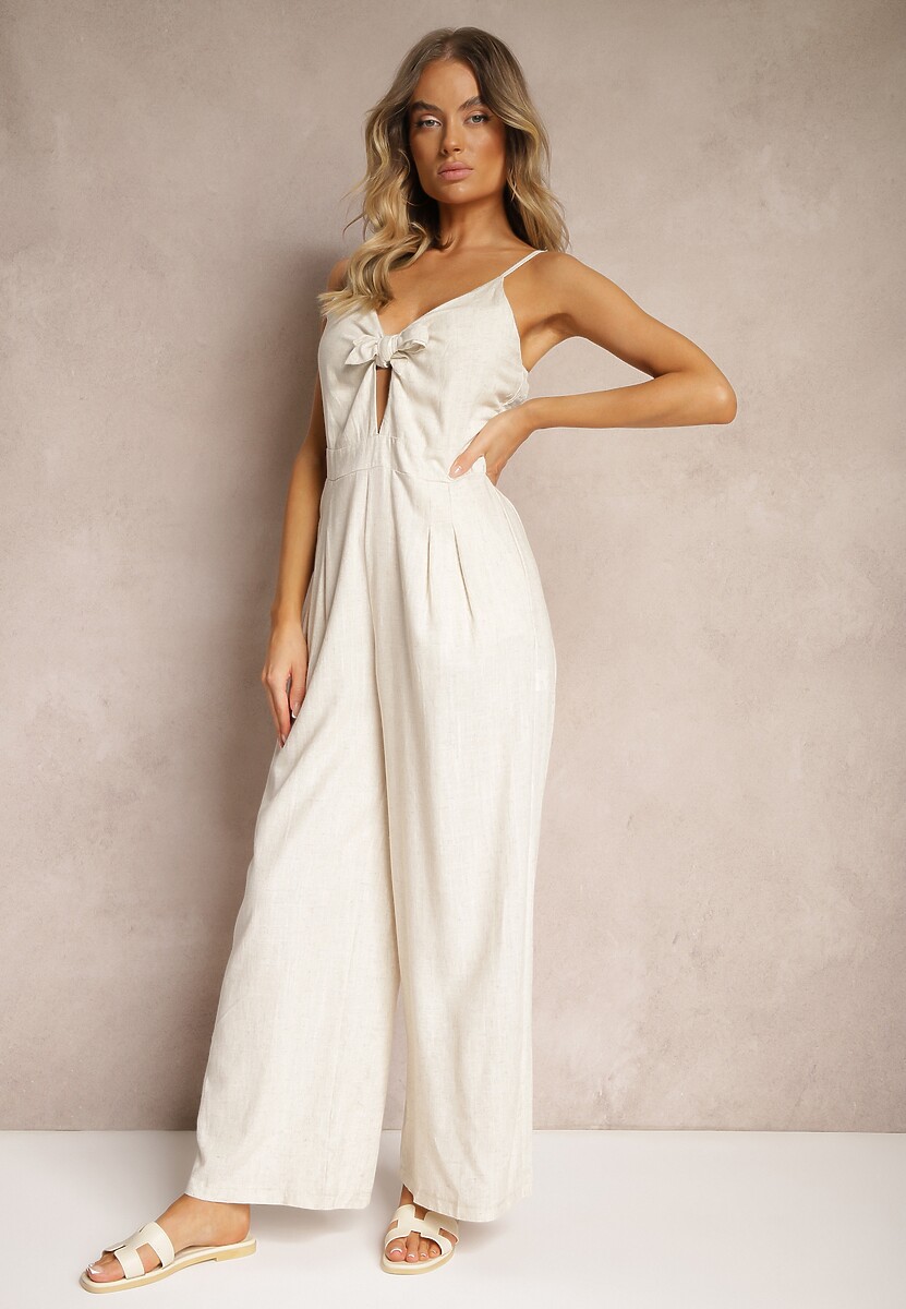 Beżowy Kombinezon z Bawełny z Szerokimi Nogawkami na Ramiączkach z Regulacją i Wiązaniem Tylona