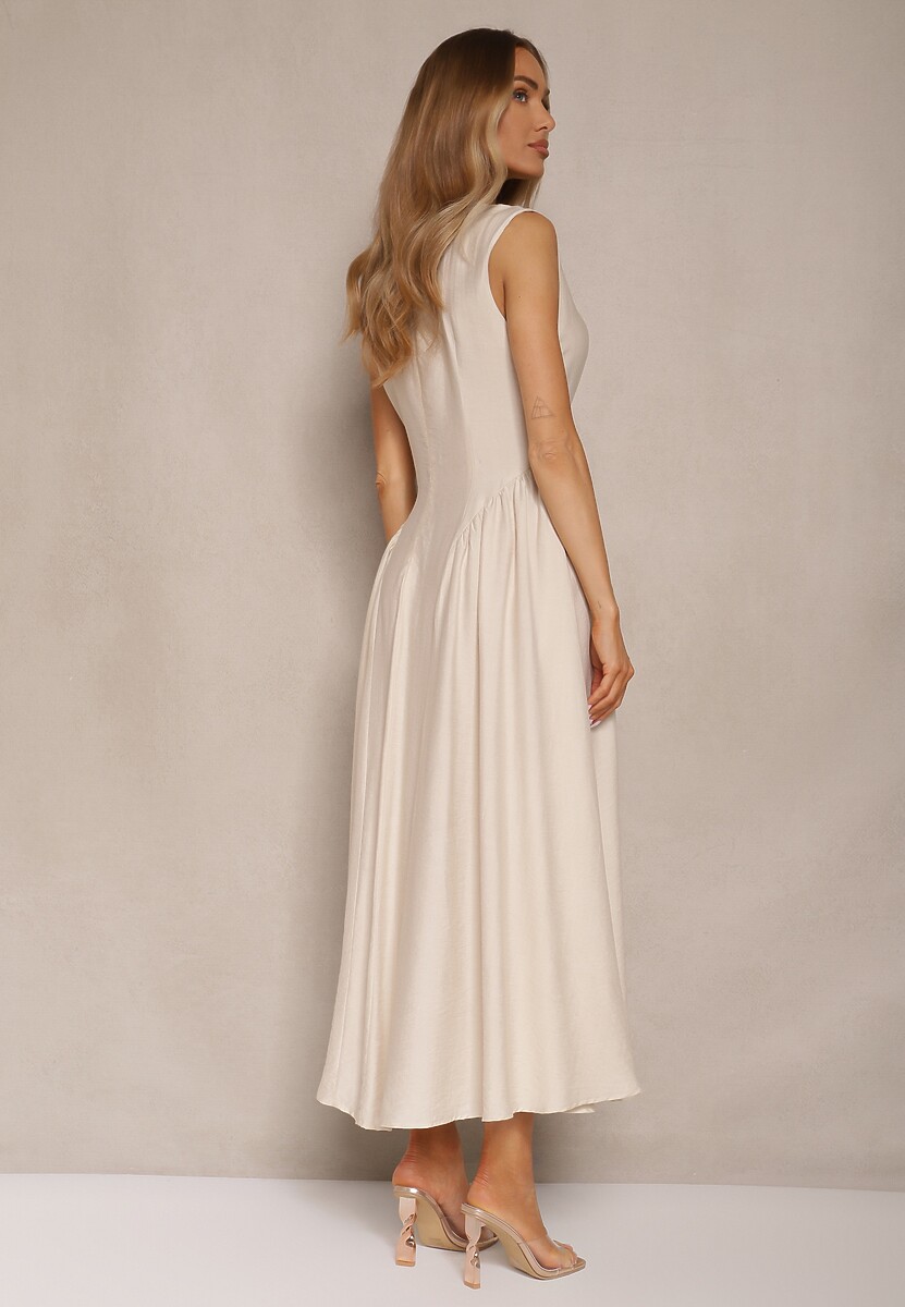 Beżowa Rozkloszowana Sukienka z Wiskozy Lirune