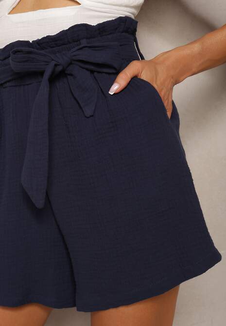 Granatowe Bawełniane Szorty z Gumką w Talii i Paskiem Lovenia