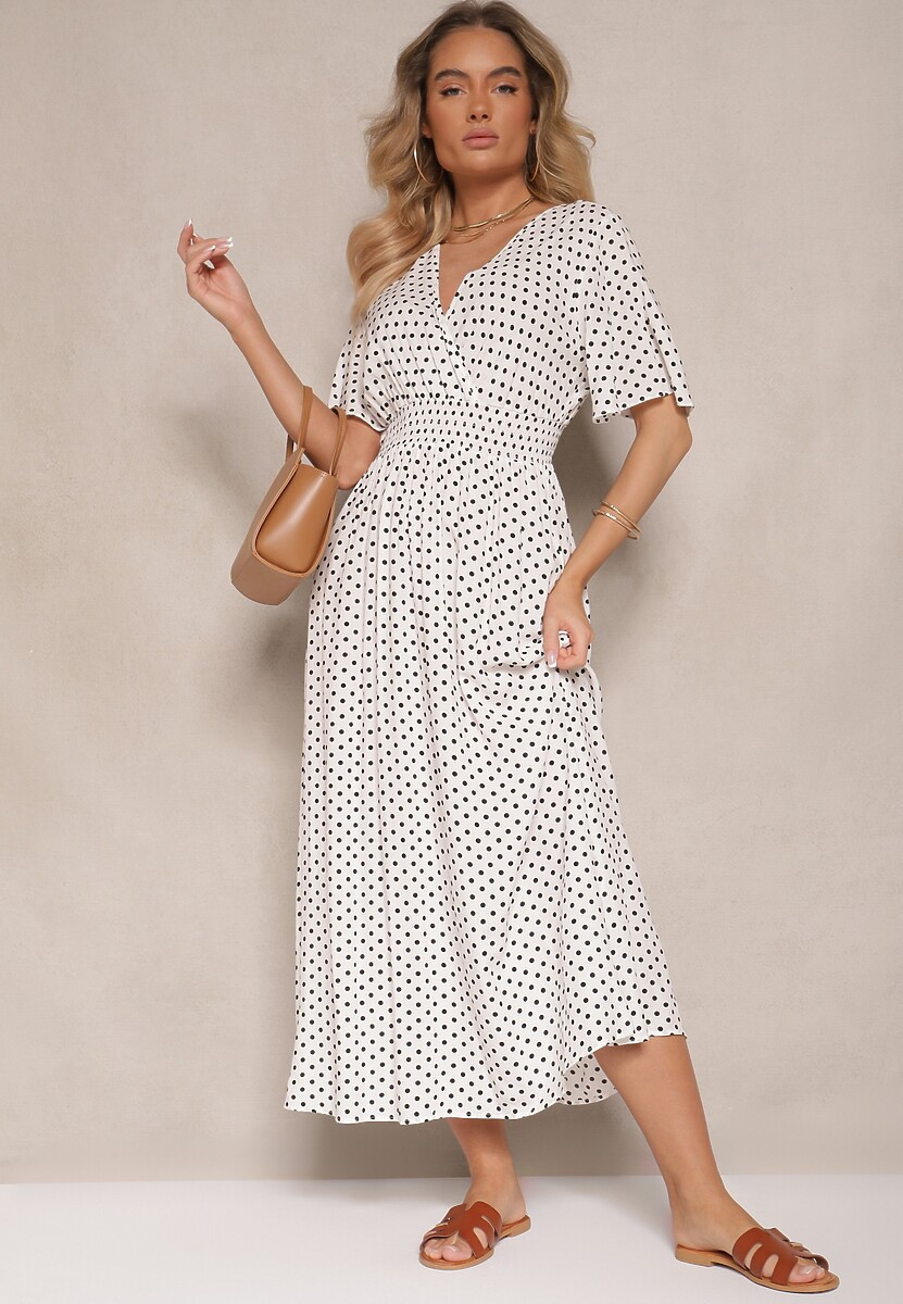 Biała Sukienka z Bawełną i Kopertowym Dekoltem ze Wzorem w Kropki Ldivona