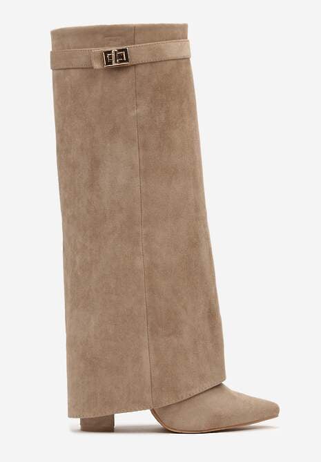 Ciemnobeżowe Kozaki na Słupku z Wywiniętą Cholewką i Klamerką Upaxa