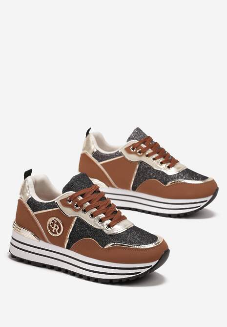 Brązowe Sneakersy na Platformie z Brokatem na Cholewce Hlemma