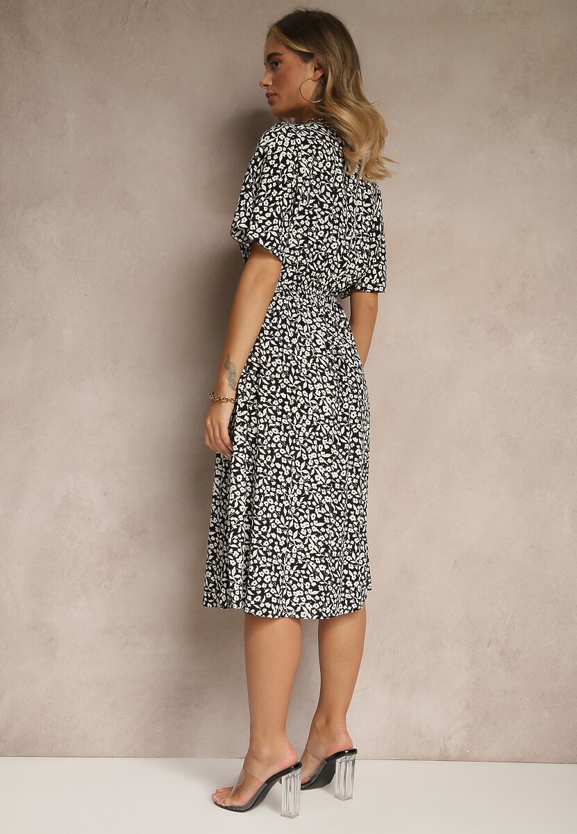 Czarna Rozkloszowana Sukienka z Bawełny Zdobiona Kwiatowym Printem Arirelle