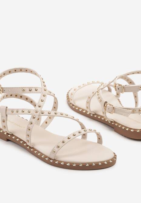 Beżowe Sandały Typu Gladiatorki z Ozdobnymi Nitami Kiniteia