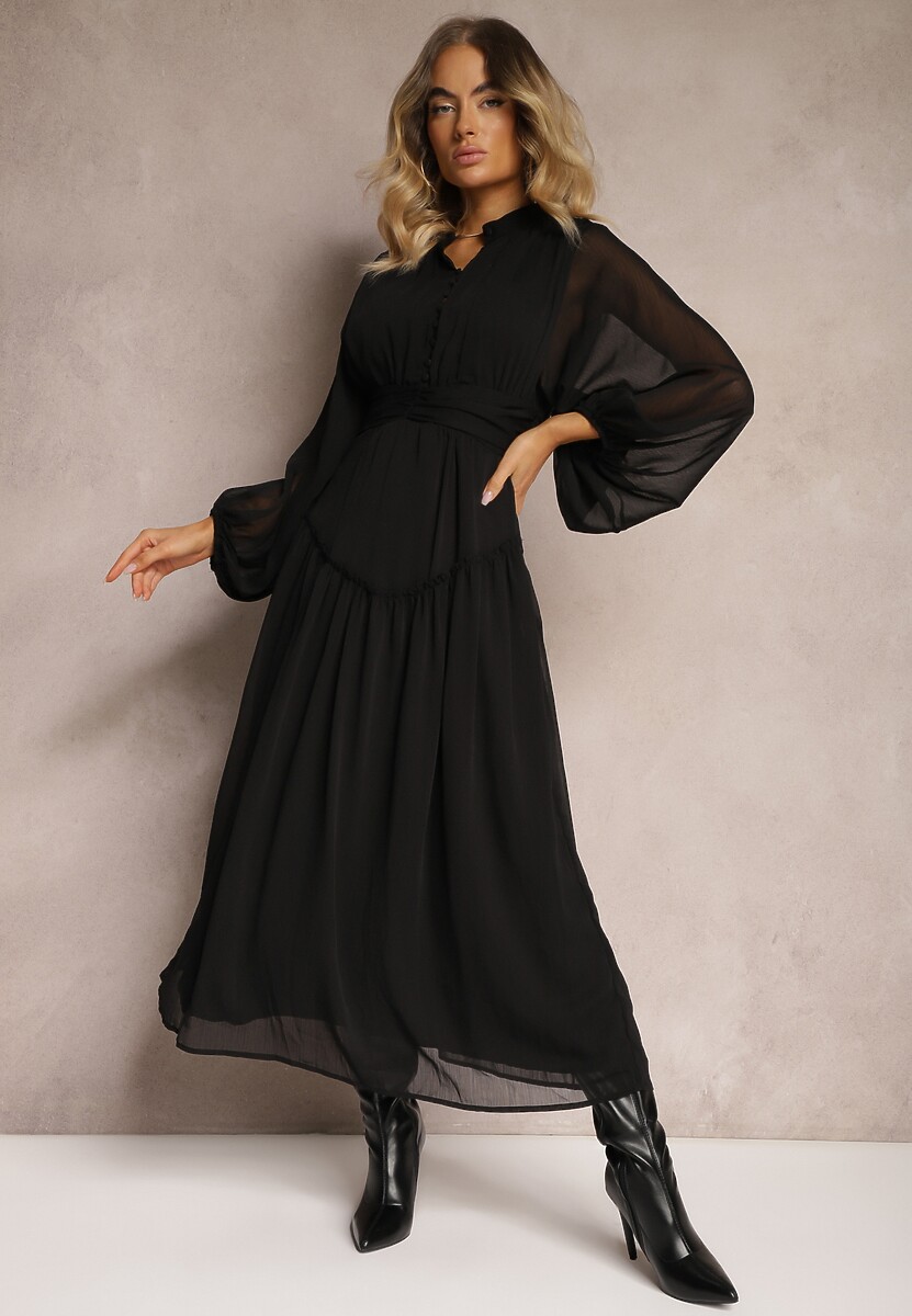 Jasnoniebieska Elegancka Sukienka w Stylu Vintage z Powlekanymi Guzikami i Marszczeniami Lefandia