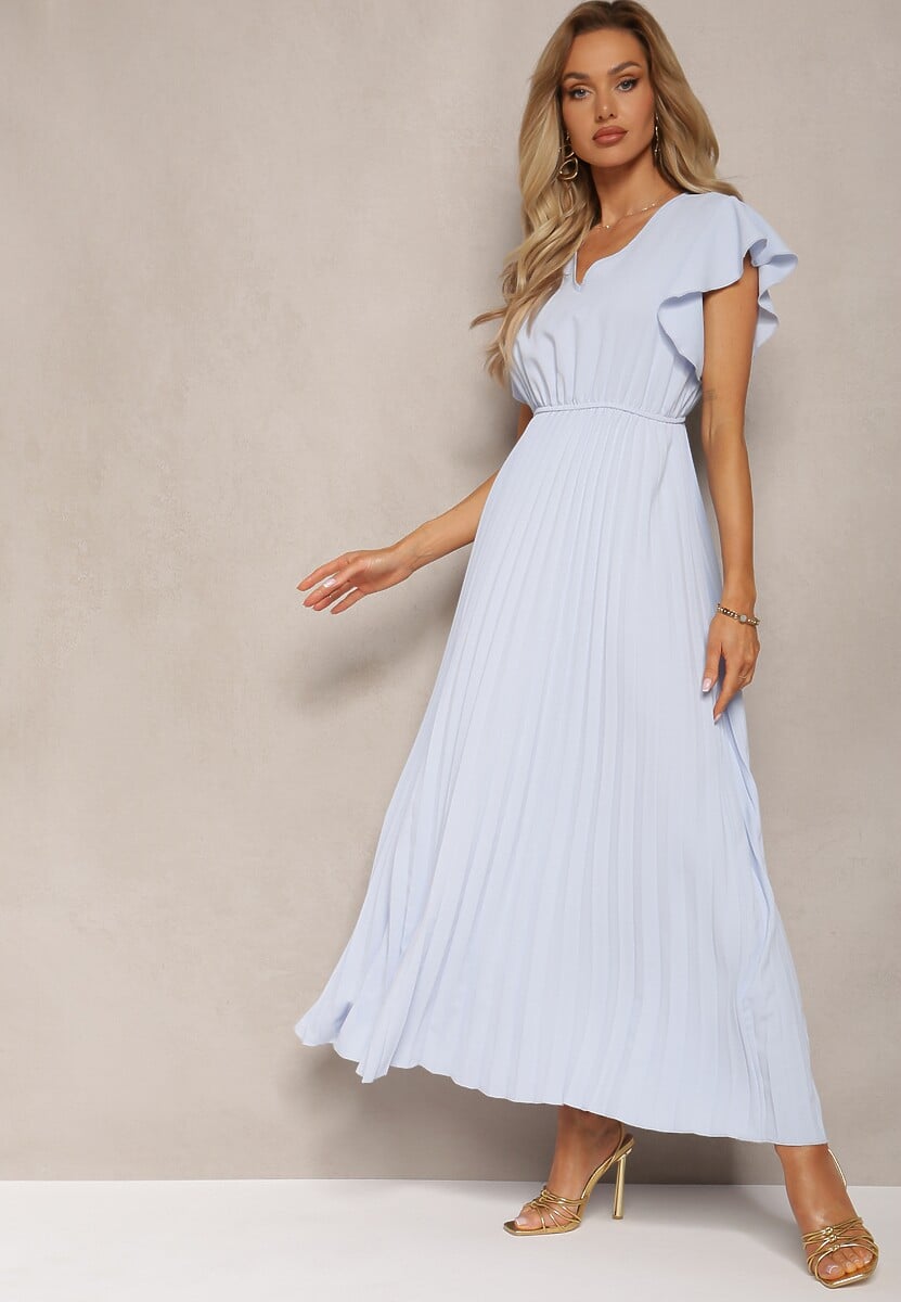 Jasnoniebieska Rozkloszowana Sukienka z Plisami Maxi z Falbankami przy Ramionach Nethula