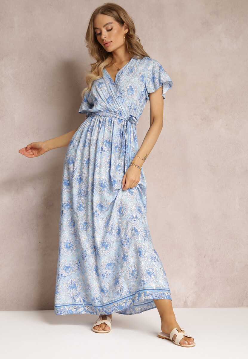 Niebieska Wiskozowa Sukienka z Metalicznym Wzorem i Gumką w Pasie Carinalia