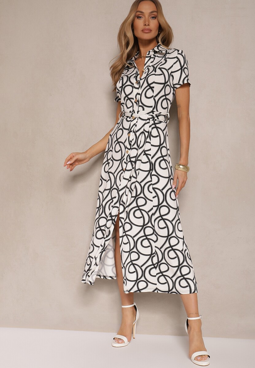 Czarno-Beżowa Sukienka z Wiskozą o Koszulowym Kroju z Geometrycznym Wzorem Saravione