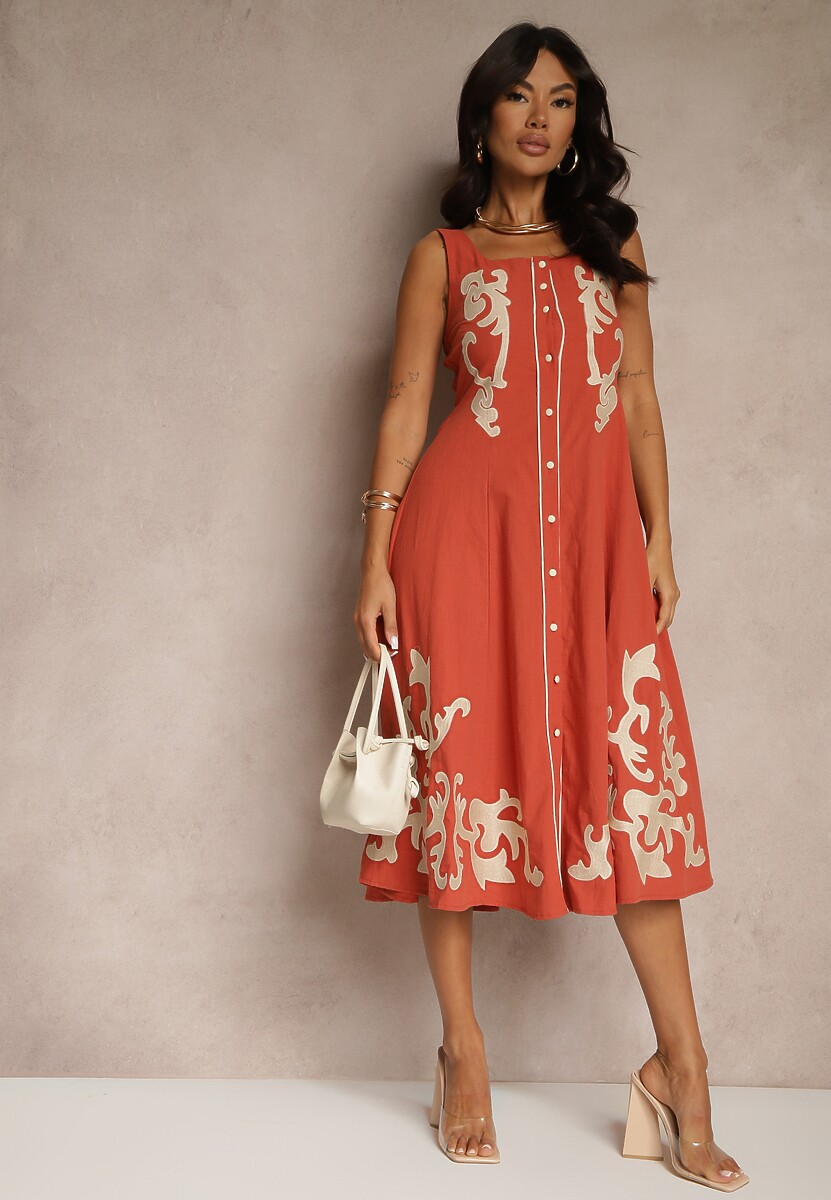 Pomarańczowa Bawełniana Sukienka z Guzikami i Haftami Milonellea