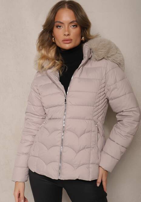 Jasnoszara Kurtka z Pikowanymi Przeszyciami i Odpinanym Kapturem Ocieplana Futrem Reanara