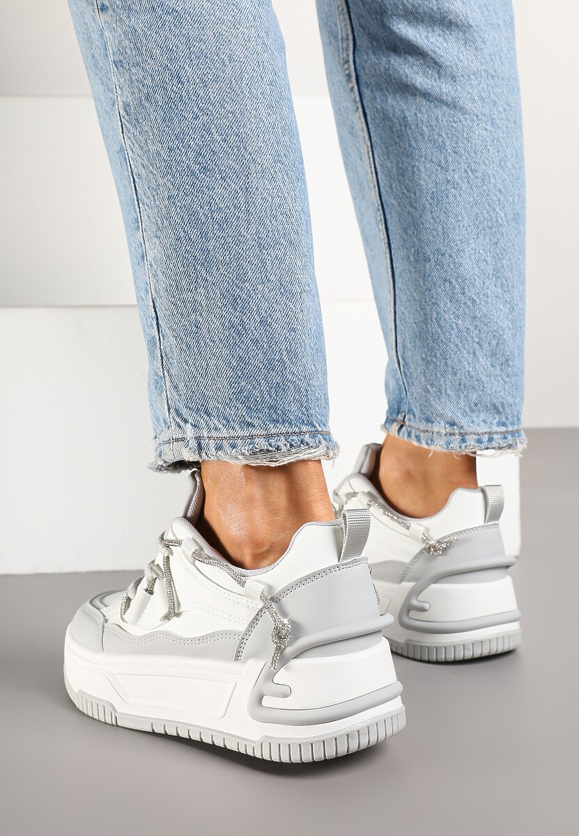 Biało-Szare Sneakersy na Platformie z Paskiem z Cyrkonii Aneolin
