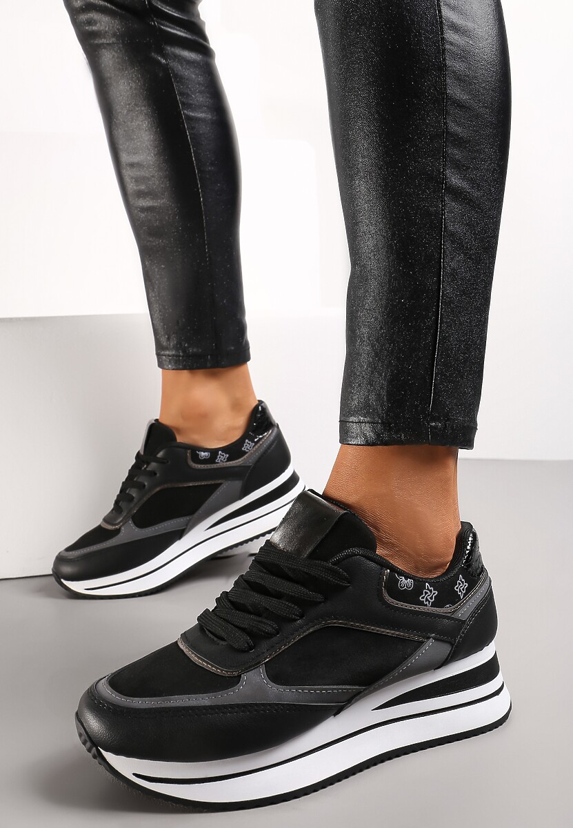 Czarne Sneakersy na Grubej Podeszwie z Metalicznymi Wstawkami Venussa