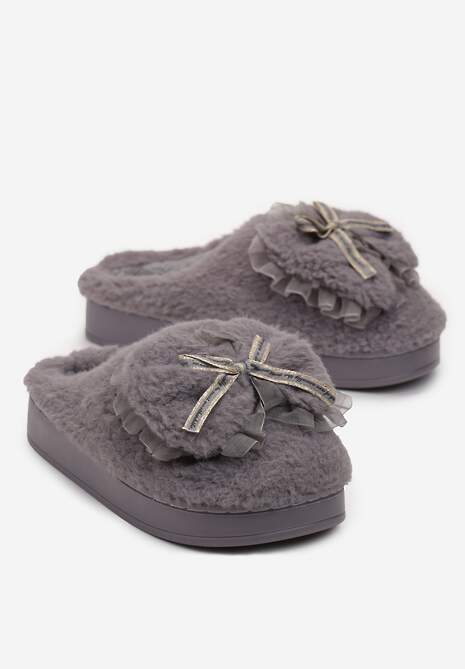 Szare Kapcie z Futerka Ozdobione Kokardką Nuvimes