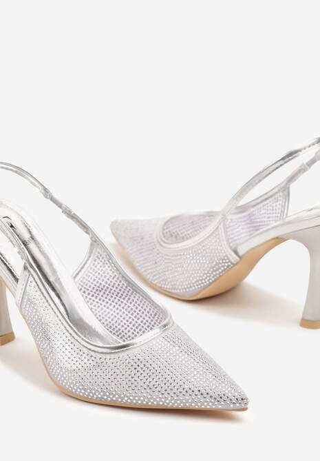 Srebrne Sandały Szpilki Slingback z Noskiem w Szpic Zdobione Cyrkoniami Zenvia