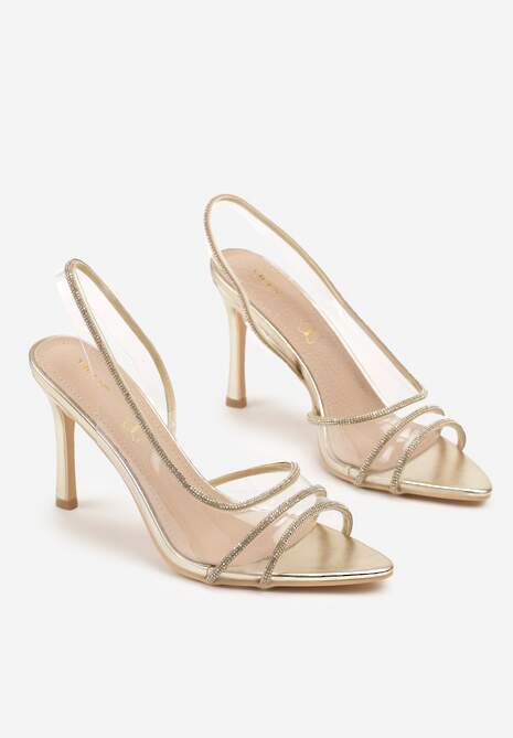 Złote Sandały Vices na Szpilce ze Skórzaną Wkładką z Cyrkoniami Arnellie
