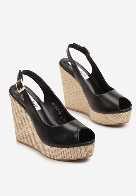 Czarne Sandały na Platformie i Koturnie z Plecionką Eviliora