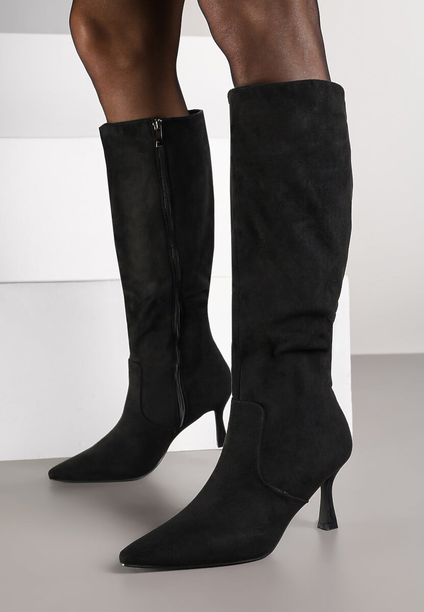 Czarne Eleganckie Kozaki Vices z Ekozamszu na Szpilce Izaiella