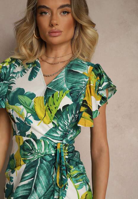 Zielona Sukienka o Rozkloszowanym Kroju z Wiązaniem z Motywem Roślinnym Janiraena