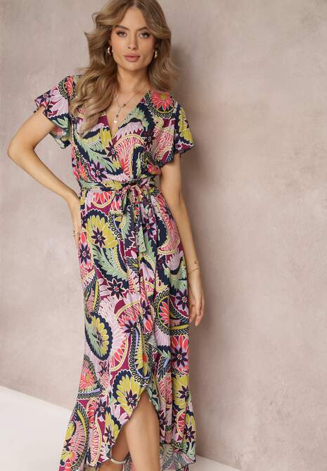 Różowo-Fioletowa Kopertowa Sukienka Maxi z Materiałowym Paskiem i Gumką w Talii z Bawełny Alyn