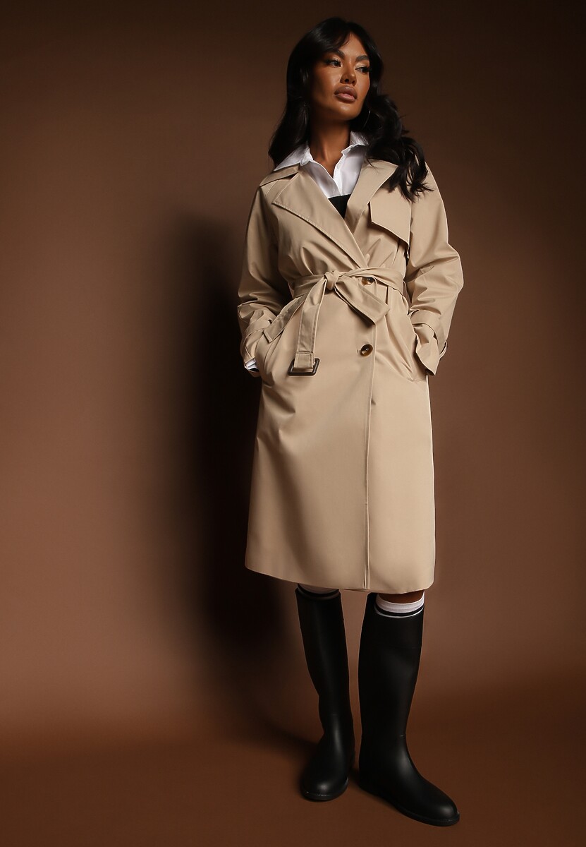 Beżowy Dwurzędowy Płaszcz Trencz z Paskiem Ninnolia