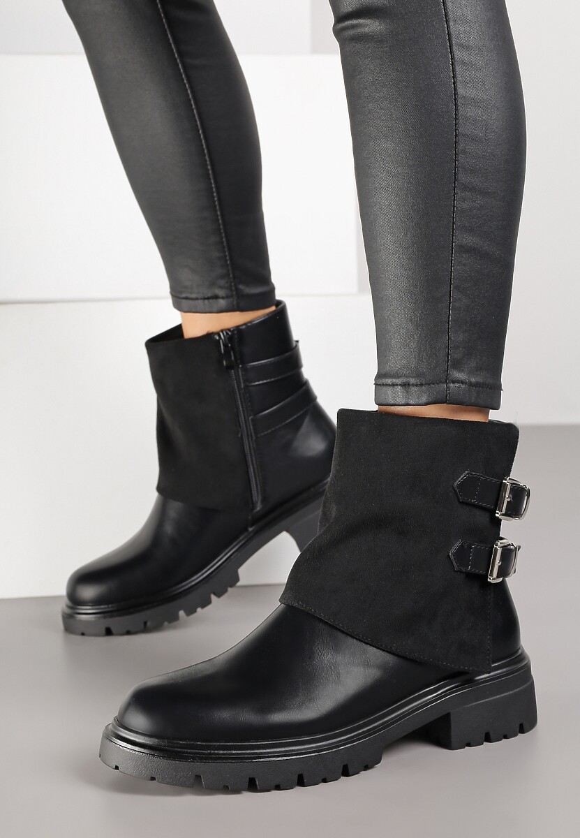 Czarne Botki Bikery z Wywiniętą Cholewką i Dwiema Klamrami Parotie