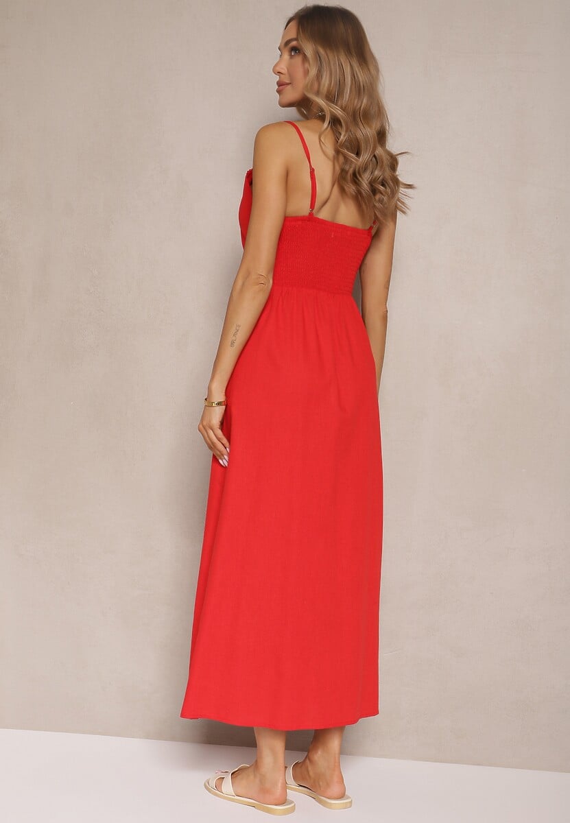 Czerwona Rozkloszowana Sukienka z Bawełny z Guzikami i Regulowanymi Ramiączkami Lorbia