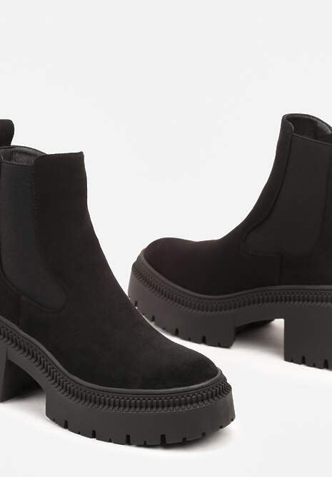 Czarne Botki na Słupku i Platformie Sztyblety Grunge z Elastyczną Cholewką Lericea