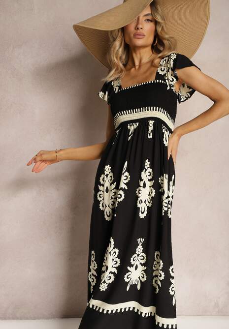 Czarna Wiskozowa Sukienka Boho z Falbankami i Gumką w Talii na Szerokich Ramiączkach Dreria