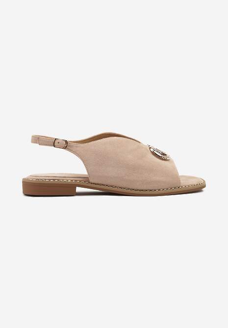 Beżowe Sandały z Wkładką ze Skóry Naturalnej z Metaliczną Aplikacją Sadise
