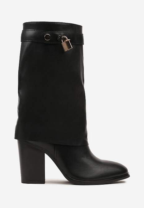 Czarne Botki na Słupkowym Obcasie z Wywiniętą Cholewką z Ozdobną Aplikacją Zeiicea