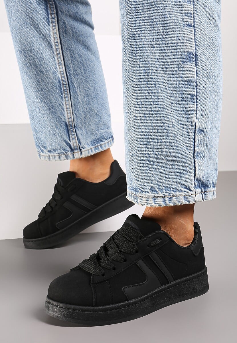 Czarne Płaskie Sneakersy Sznurowane z Paskami Artomi